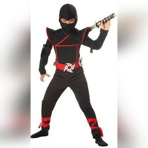 Kids Stealth Ninja Costume NEW Size XL 12-14 black & red with toy swords